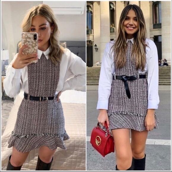 NWT Zara Combination Pinafore Belted Tweed Dress XL - Picture 1 of 10